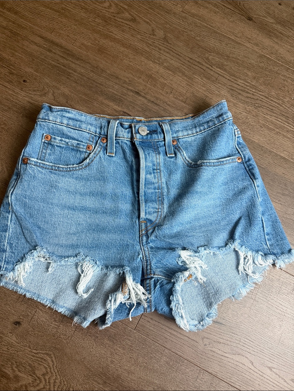 High-Rise Distressed Denim Shorts - Light Blue